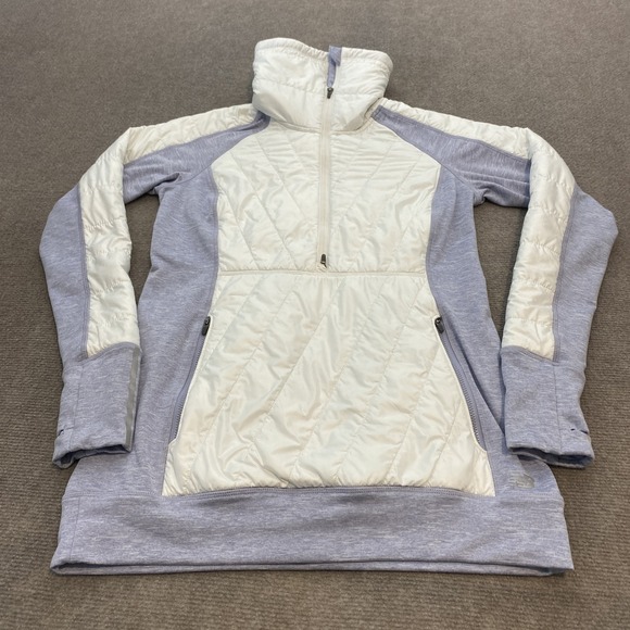 New Balance Pullover Womens Small White‎ Gray Polartec Jacket Quilted Thumbholes - Picture 1 of 12